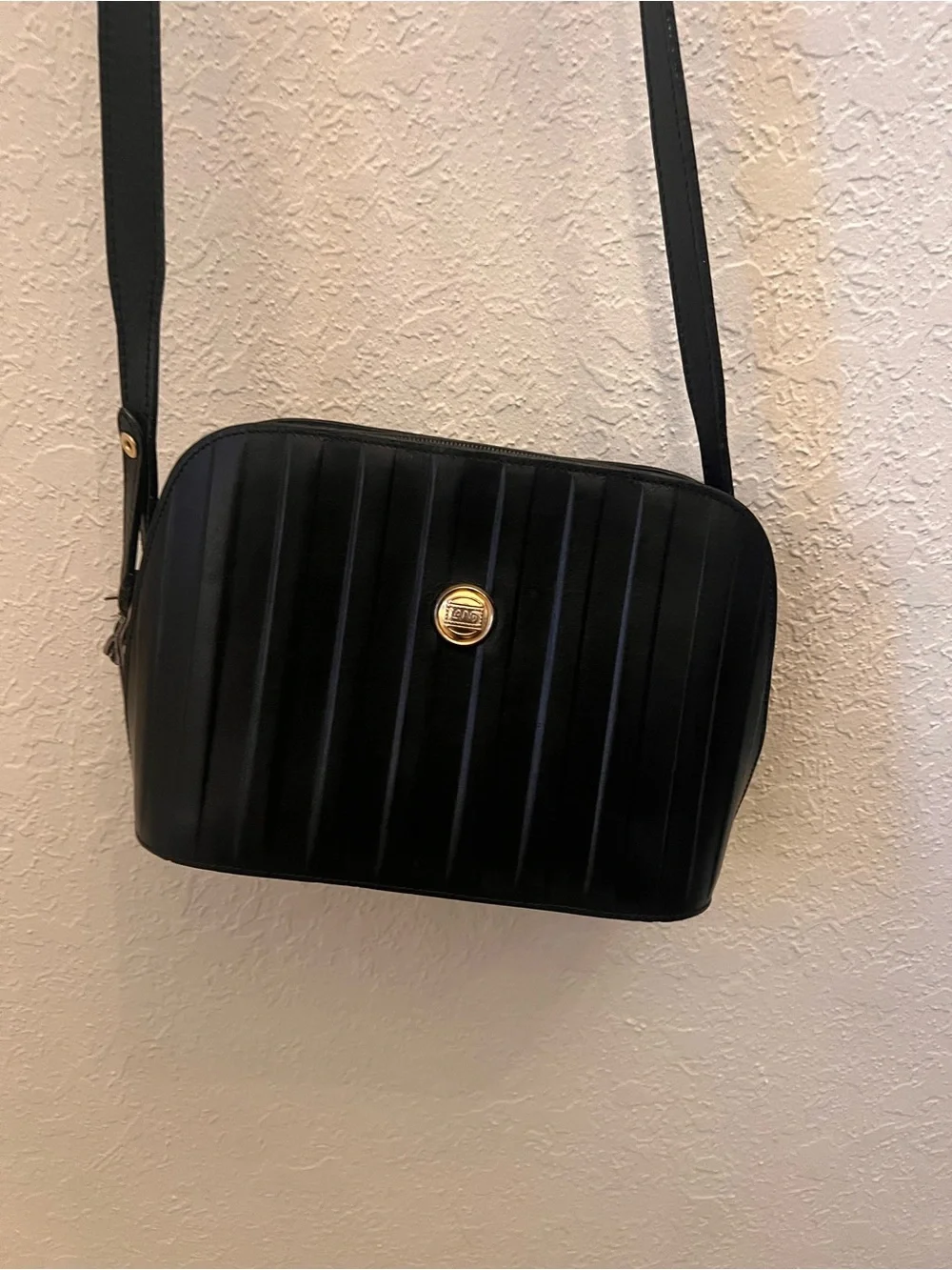 Vintage LAND Genuine Leather Black Crossbody Bag w/ Map Print Lining